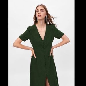 Zara Cotton Linen Green Slit Dress